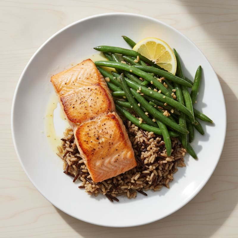 Seared Salmon with Garlic Green Beans and Wild Rice
