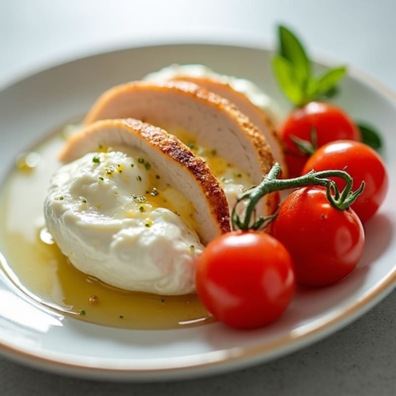 Cottage Cheese with Sliced Chicken Breast and Cherry Tomatoes