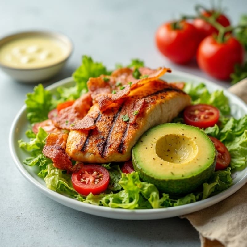 Crispy Turkey Bacon BLT Salad with Grilled Chicken and Creamy Avocado Dressing