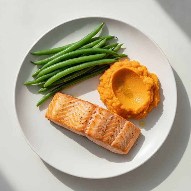 Seared Salmon with Steamed Green Beans and Sweet Potato Mash