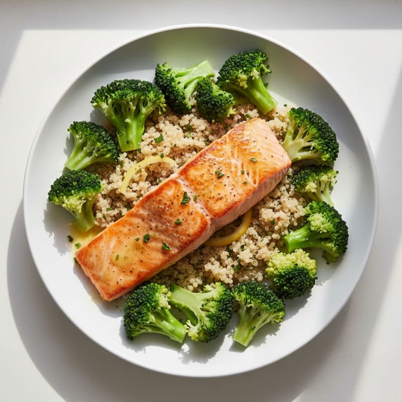 Seared Salmon with Steamed Broccoli and Quinoa