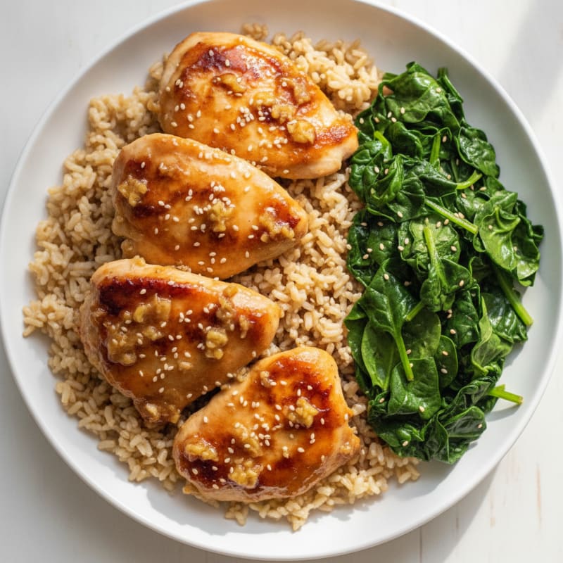 Ginger-Glazed Chicken Thighs with Brown Rice and Spinach