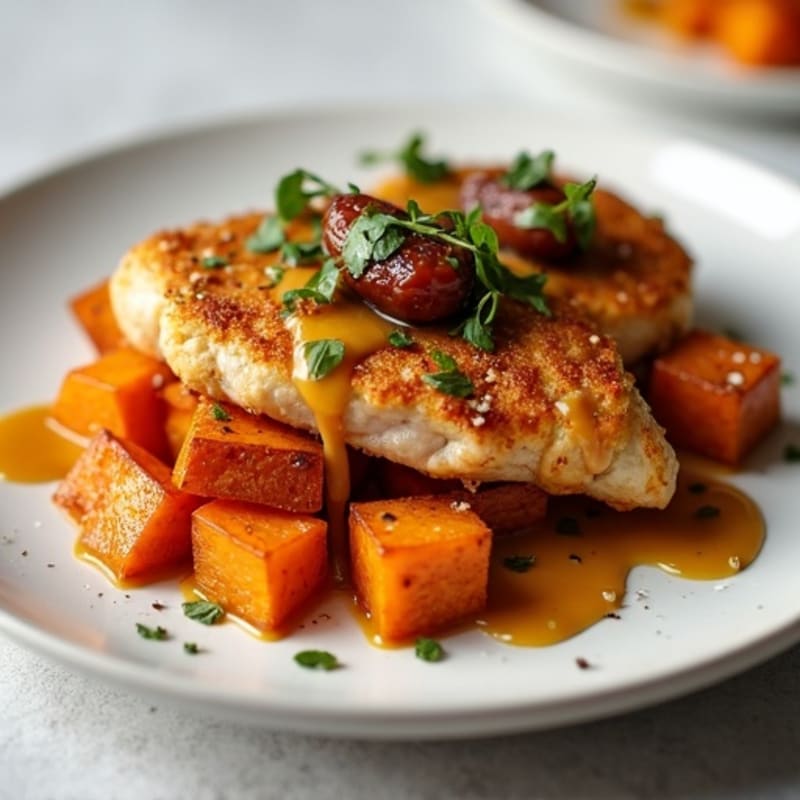 Crispy Chicken with Roasted Sweet Potatoes and Creamy Salted Date Caramel Drizzle