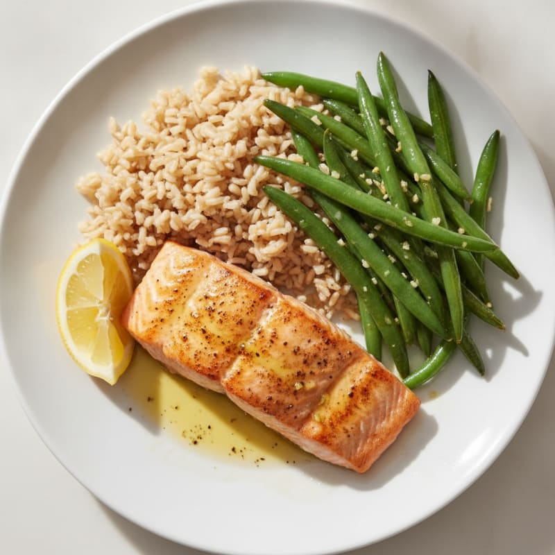 Seared Salmon with Garlic Green Beans and Brown Rice