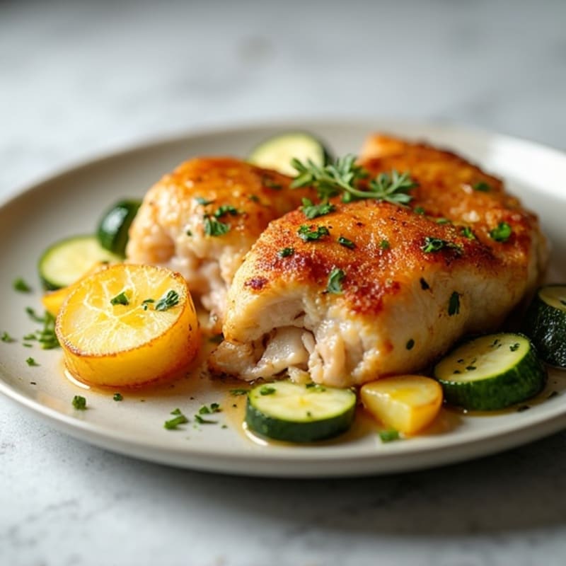 Oven-Baked Chicken Thighs with Crispy Potato Slices and Sautéed Zucchini