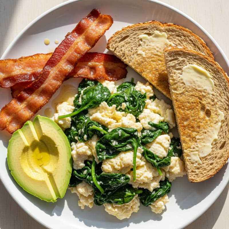 Crispy Turkey Bacon and Egg White Scramble with Sautéed Spinach