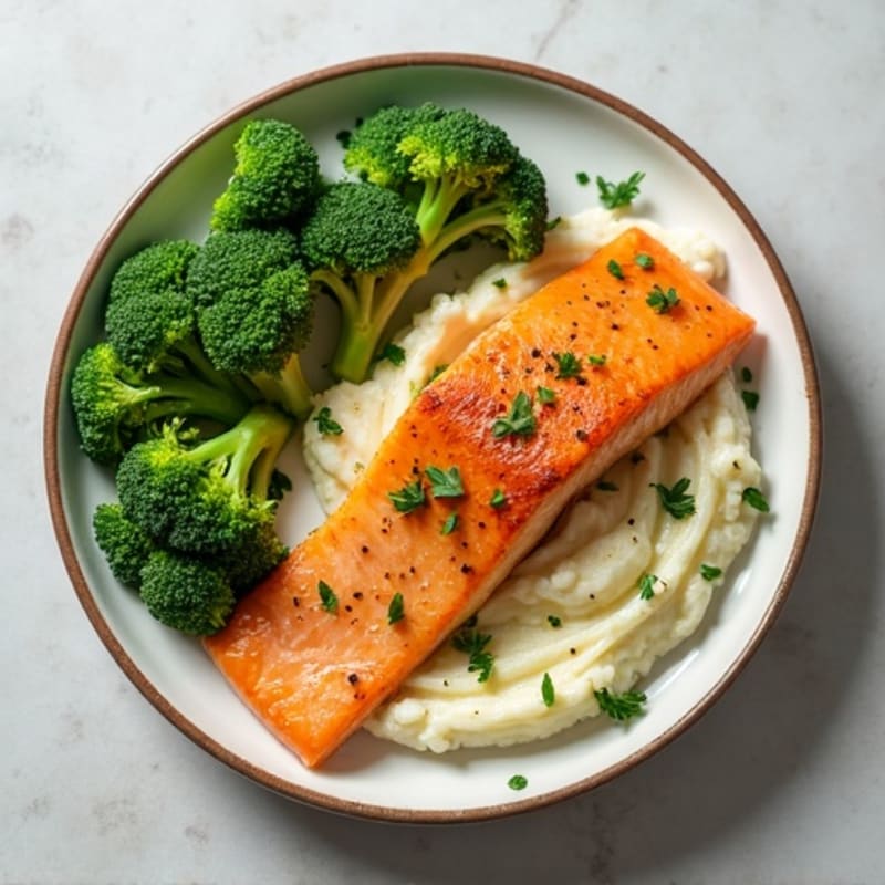 Seared Salmon with Steamed Broccoli and Garlic Cauliflower Mash