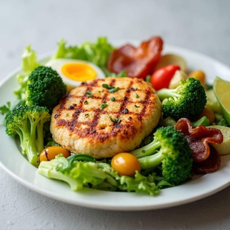 Grilled Chicken Patty Salad with Broccoli and Mixed Veggies