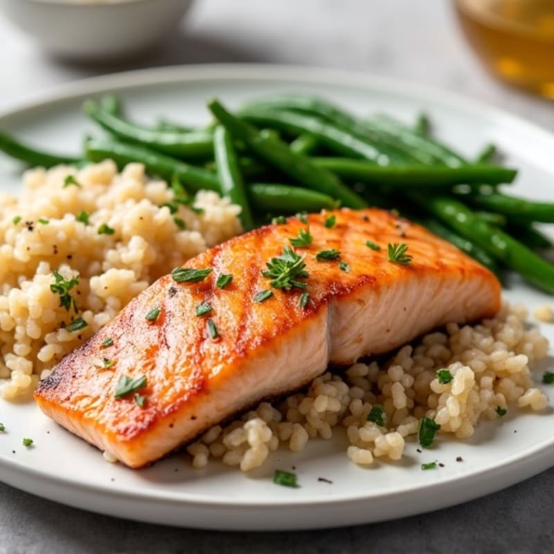 Seared Salmon with Garlic Green Beans and Brown Rice