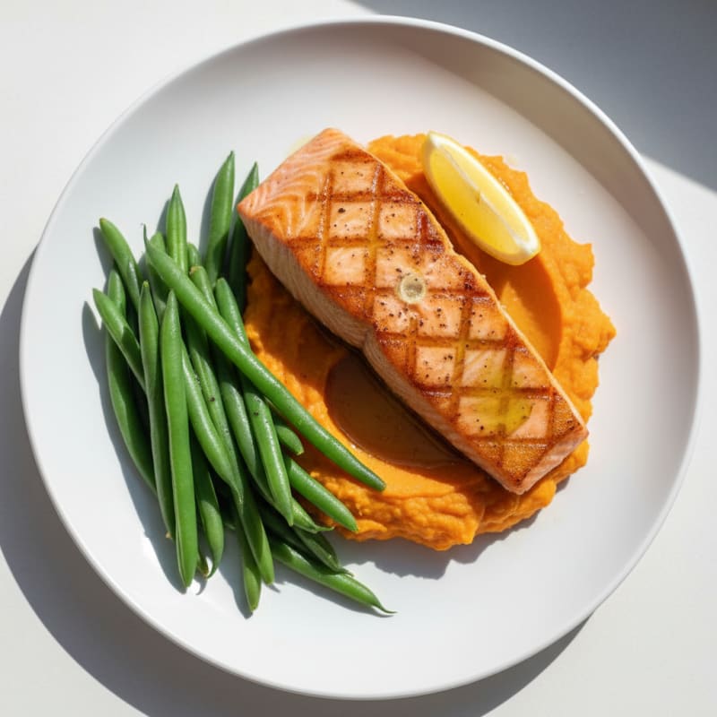 Seared Salmon Fillet with Steamed Green Beans and Sweet Potato Mash