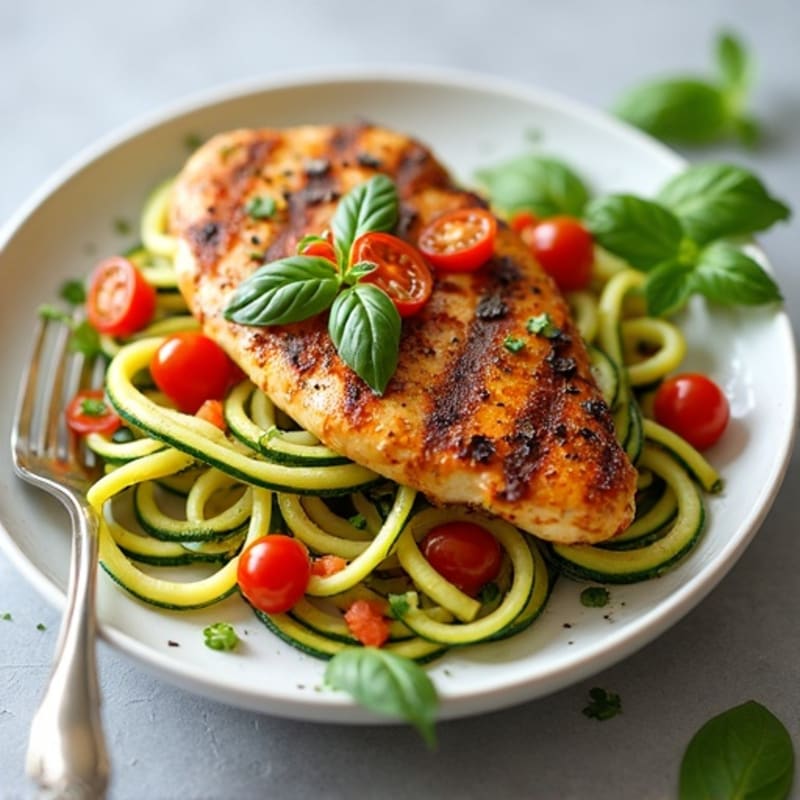 Grilled Chicken Breast with Zucchini Noodles and Tomato Basil Sauce