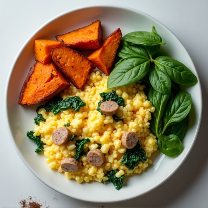 Egg White and Turkey Sausage Scramble with Spinach and Roasted Sweet Potato