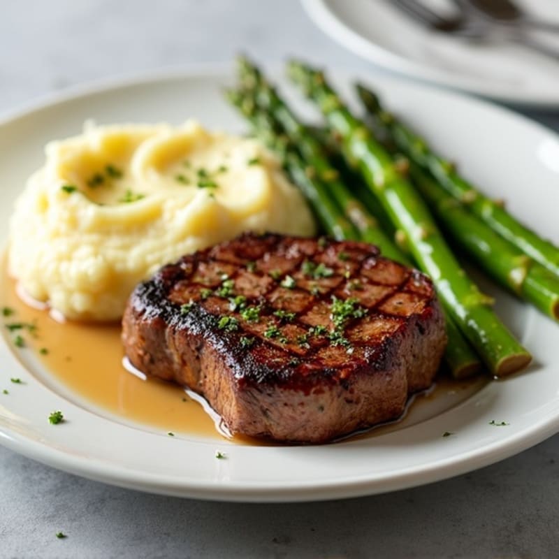 Seared Steak with Creamy Mashed Potatoes and Roasted Asparagus