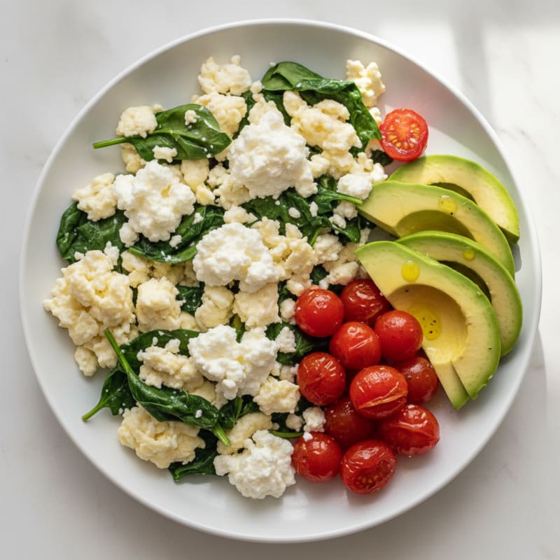 Egg White and Spinach Scramble with Cottage Cheese and Cherry Tomatoes