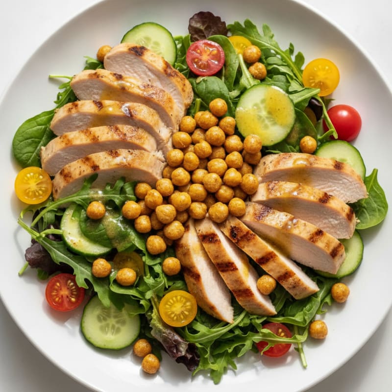 Grilled Turkey Breast Salad with Crunchy Chickpeas and Lemon Dressing