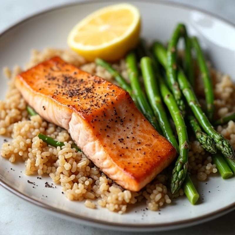 Seared Salmon with Steamed Asparagus and Brown Rice
