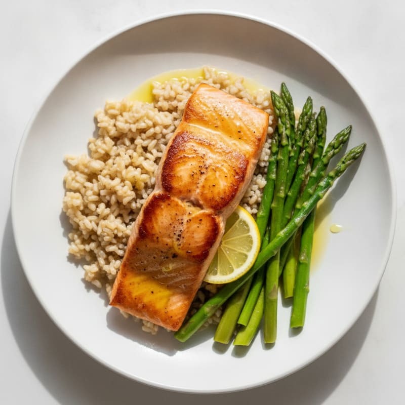 Seared Salmon with Steamed Asparagus and Brown Rice