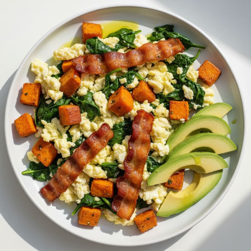 Crispy Turkey Bacon and Egg White Scramble with Spinach and Sweet Potato