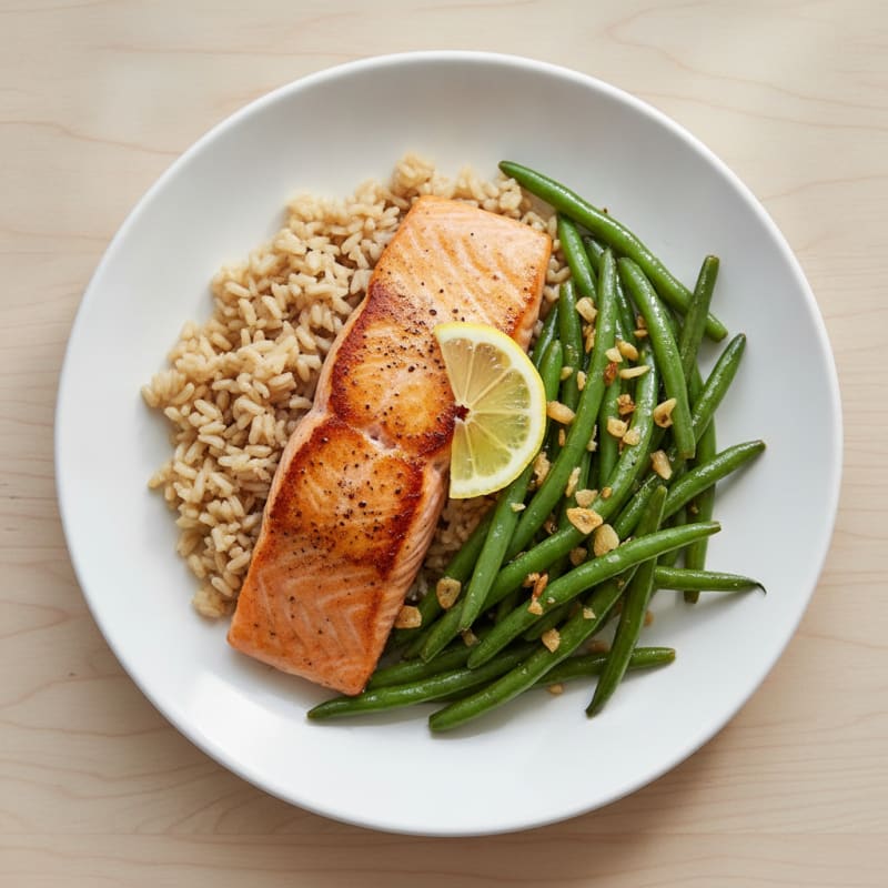 Seared Salmon with Garlic Green Beans and Brown Rice