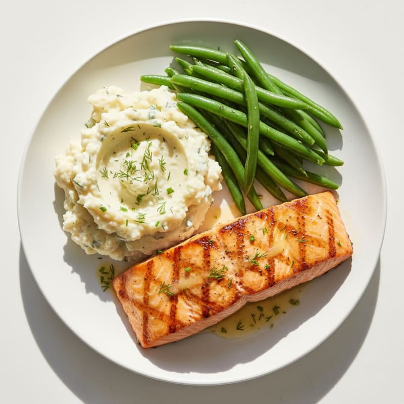 Grilled Salmon with Steamed Green Beans and Herb Mashed Cauliflower