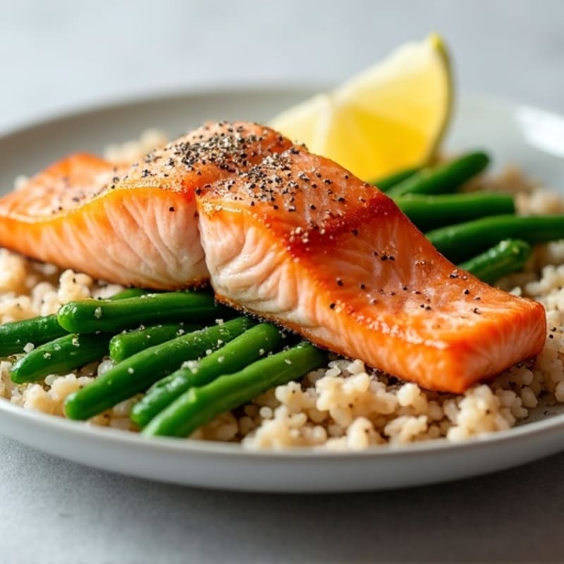 Seared Salmon Fillet with Steamed Green Beans and Brown Rice
