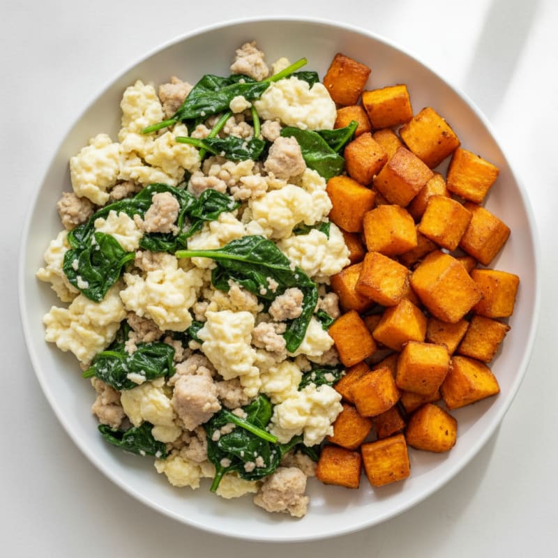 Egg White and Turkey Spinach Scramble with Roasted Sweet Potato