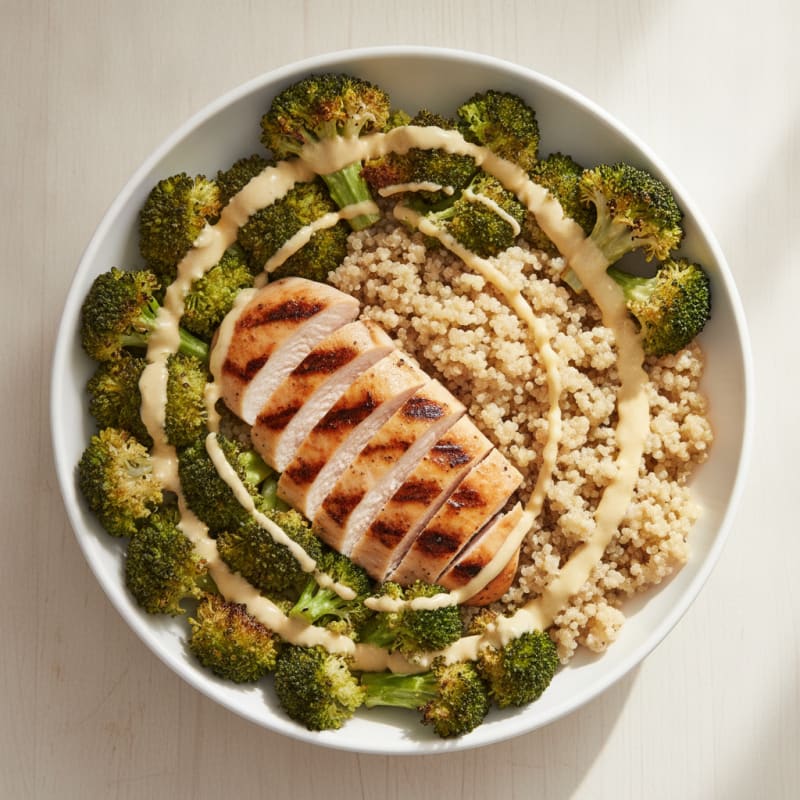 Grilled Chicken and Quinoa Power Bowl with Roasted Broccoli and Lemon Tahini Drizzle