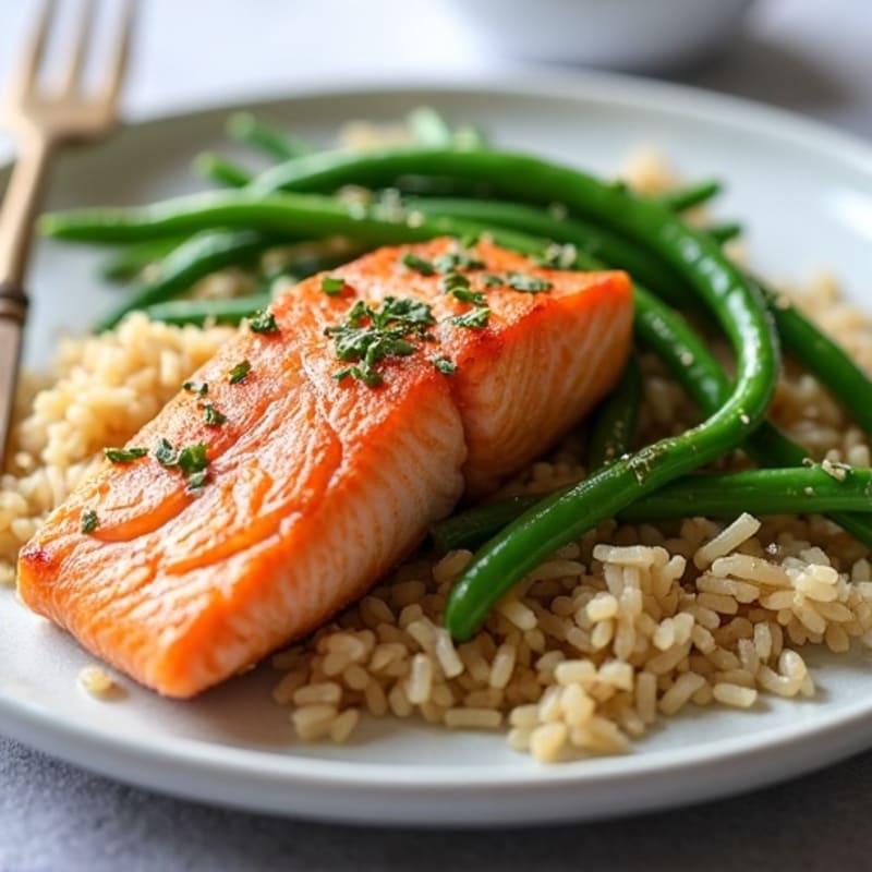 Seared Salmon with Garlic Green Beans and Brown Rice