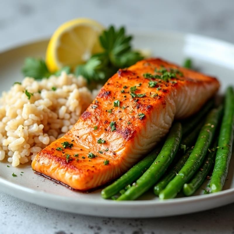 Seared Salmon with Garlic Green Beans and Brown Rice
