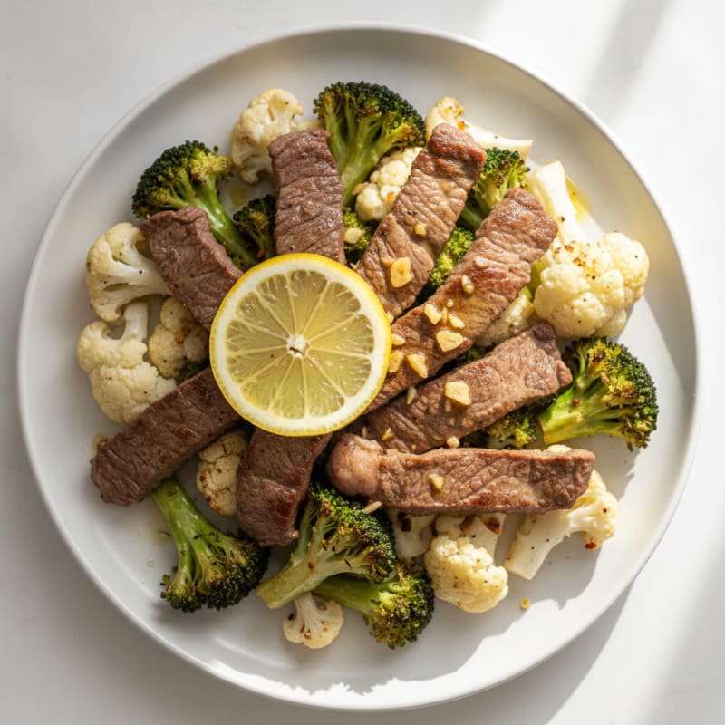 Seared Lean Beef Strips with Roasted Broccoli and Cauliflower