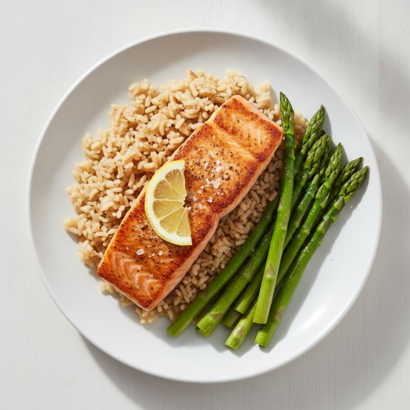 Seared Salmon Fillet with Steamed Asparagus and Brown Rice