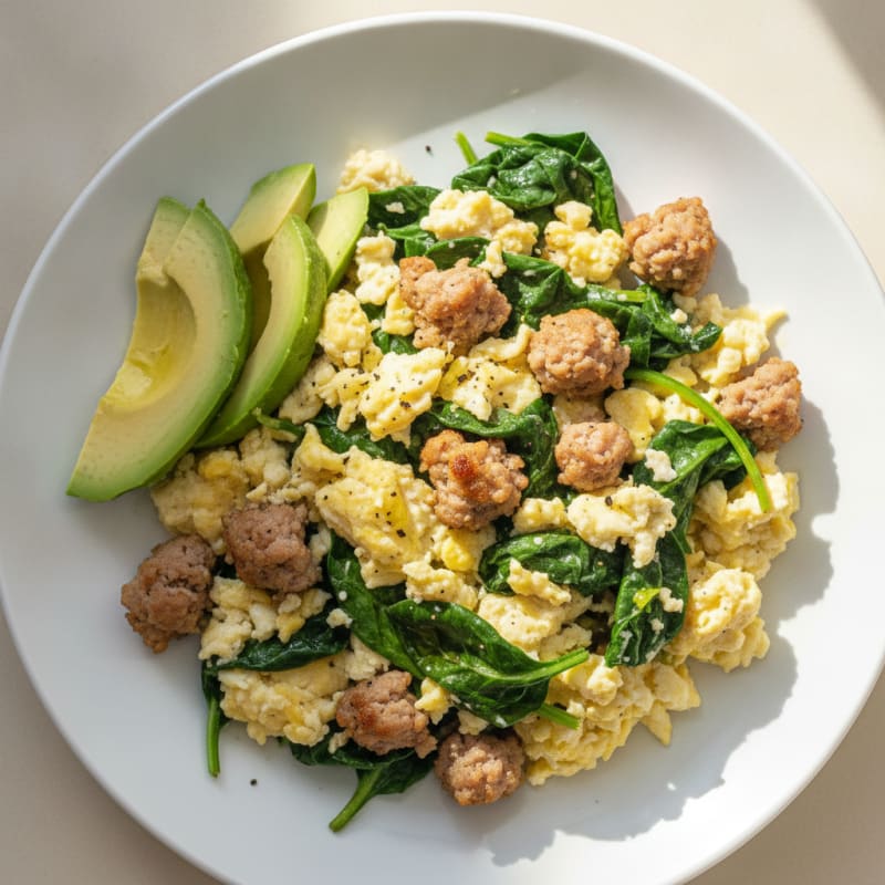 Egg White and Turkey Sausage Scramble with Sautéed Spinach