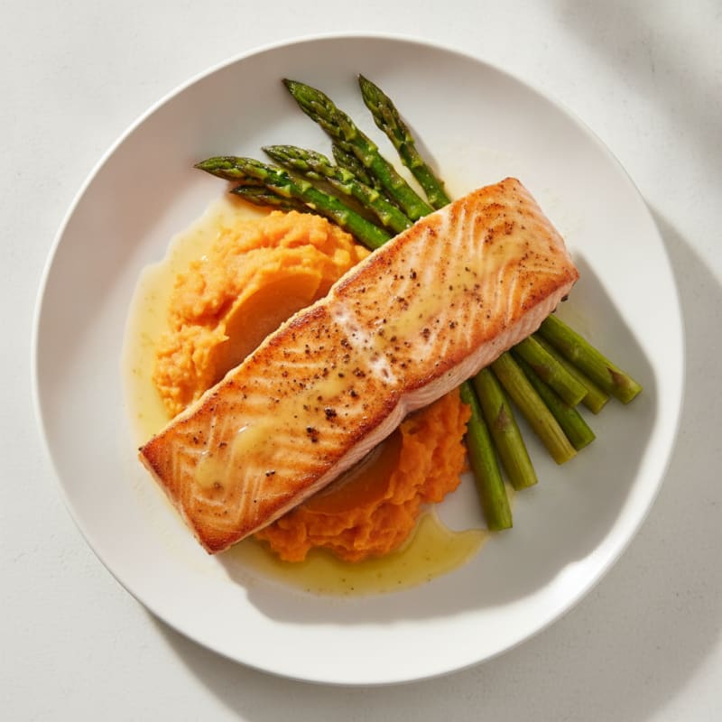 Seared Salmon with Roasted Asparagus and Sweet Potato Mash