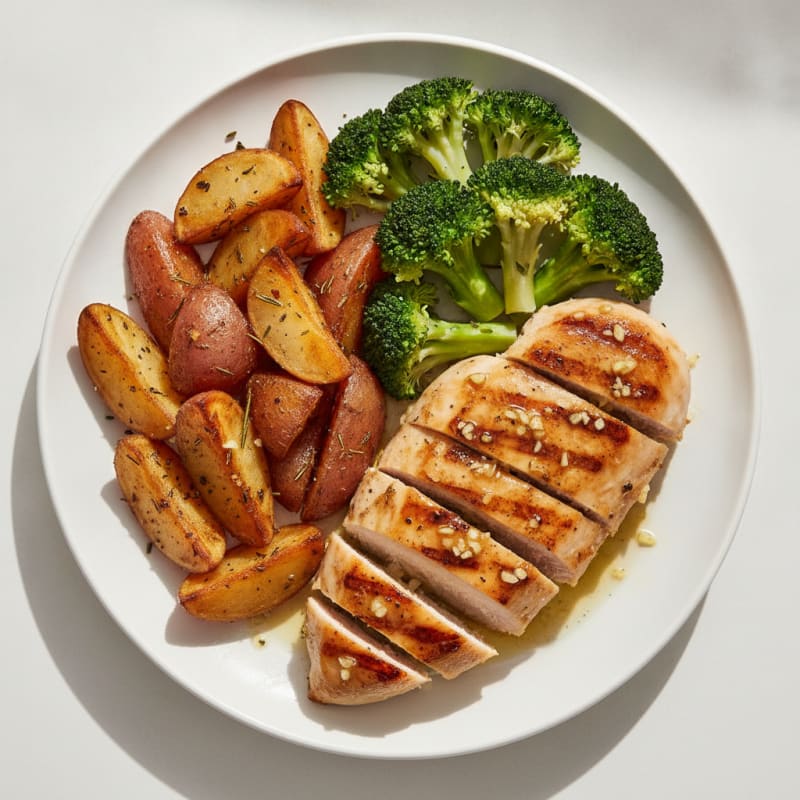 Grilled Chicken Breast with Roasted Potatoes and Steamed Broccoli