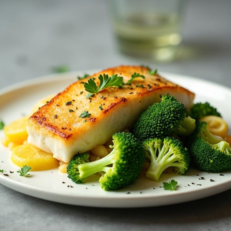 Seared Cod Fillet with Steamed Broccoli and Lemon