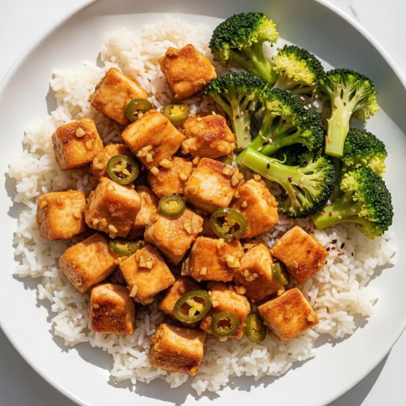 Rice with Spicy Chicken Chilli Dry and Steamed Broccoli