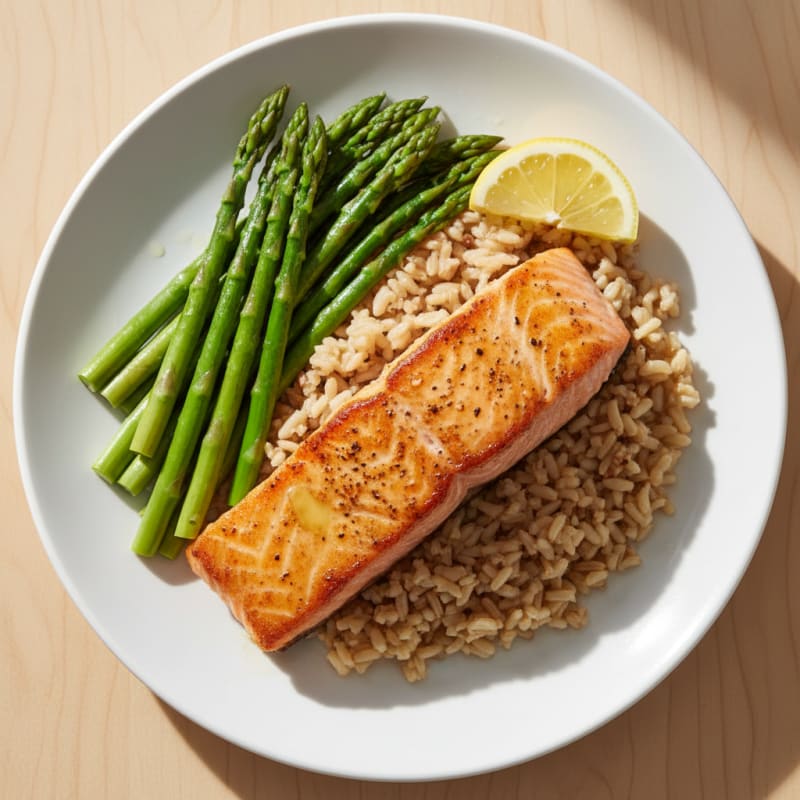 Seared Salmon with Steamed Asparagus and Brown Rice