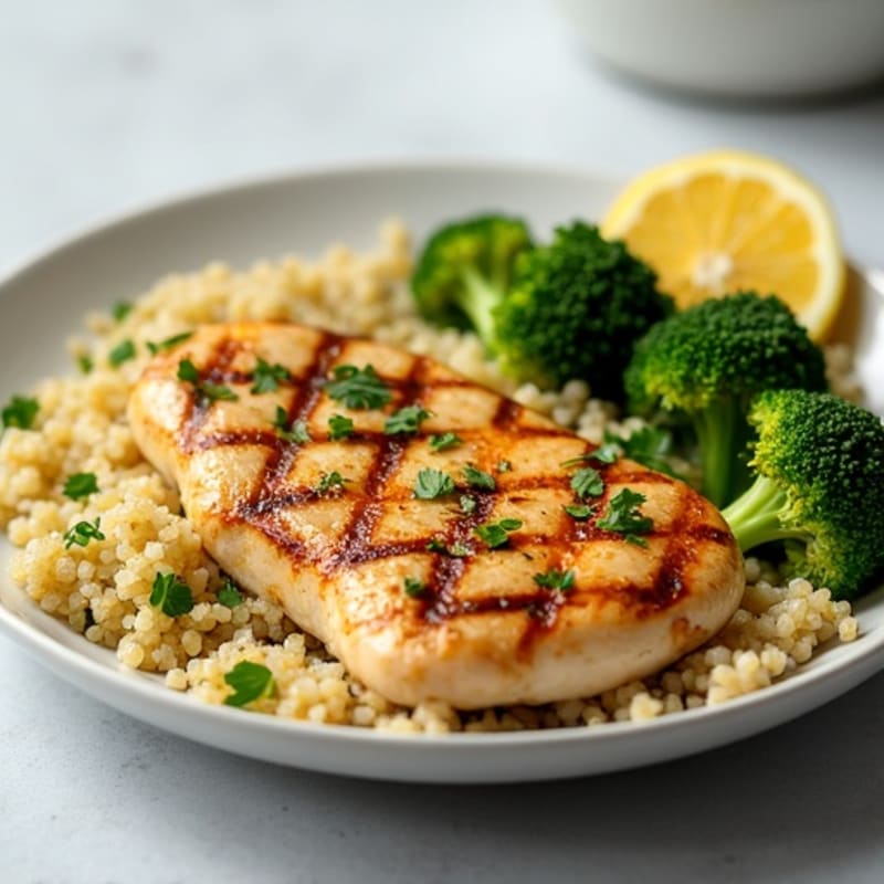 Grilled Lemon-Garlic Chicken Breast with Quinoa and Roasted Broccoli