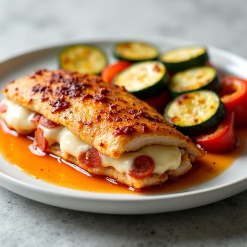 Cheesy Pepperoni Stuffed Chicken Breast with Roasted Vegetables