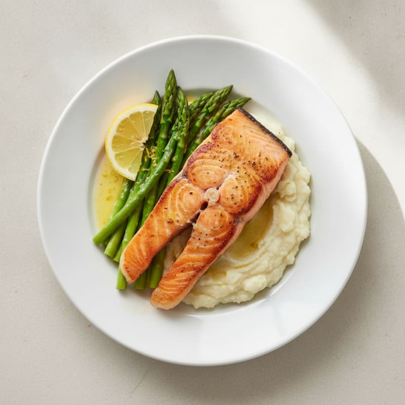 Seared Salmon with Steamed Asparagus and Cauliflower Mash