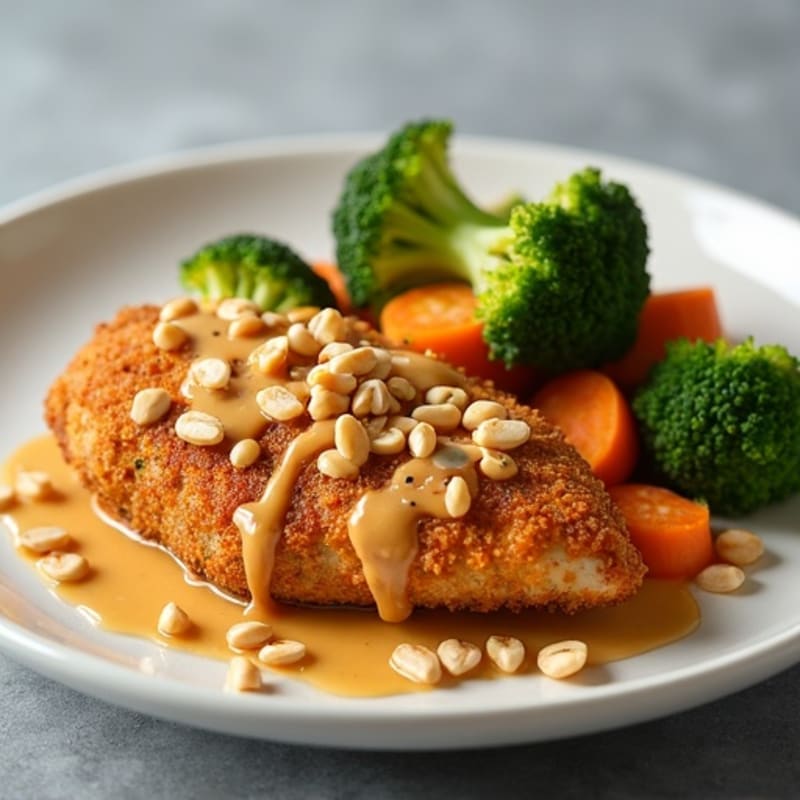 Crispy Peanut Chicken with Roasted Broccoli and Carrots