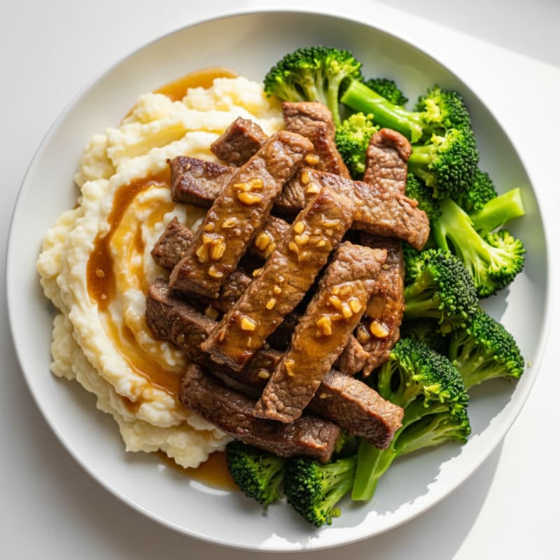 Seared Beef Strips with Steamed Broccoli and Cauliflower Mash