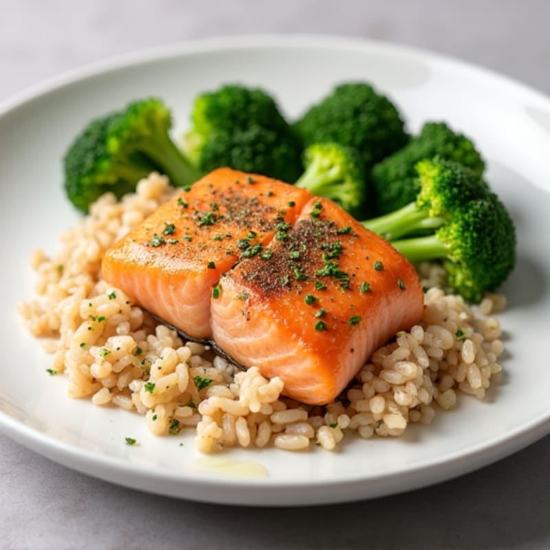 Herb-Baked Salmon with Steamed Broccoli and Brown Rice