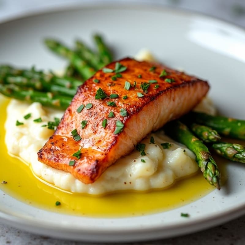 Seared Salmon with Steamed Asparagus and Cauliflower Mash