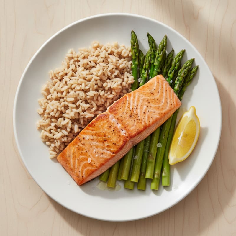 Seared Salmon with Steamed Asparagus and Brown Rice