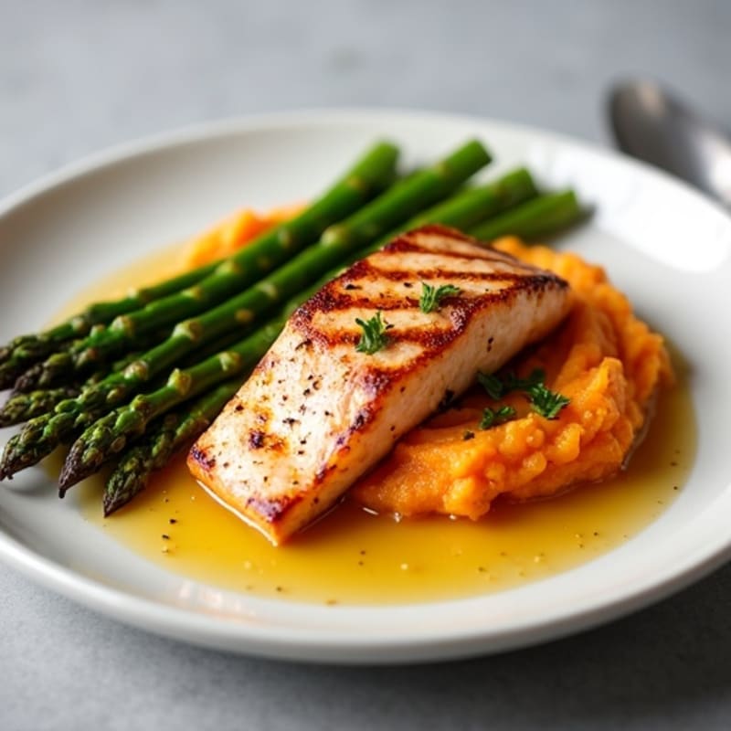 Seared Salmon with Roasted Asparagus and Sweet Potato Mash