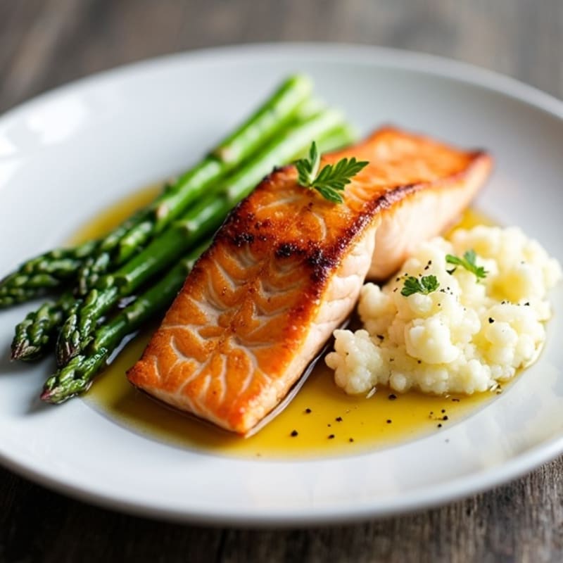 Seared Salmon with Steamed Asparagus and Cauliflower Mash