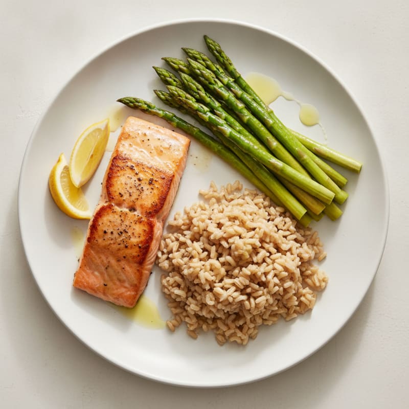 Seared Salmon Fillet with Steamed Asparagus and Brown Rice