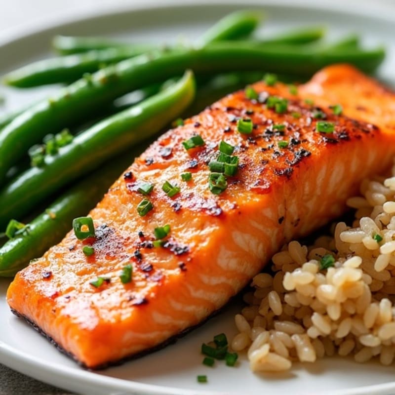Seared Salmon Fillet with Garlic Green Beans and Brown Rice