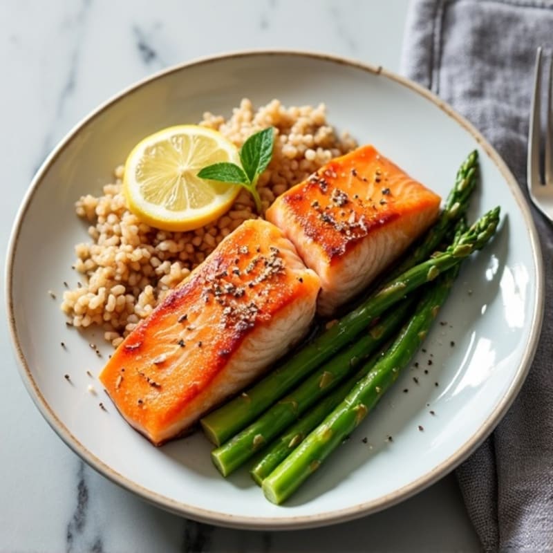 Seared Salmon with Steamed Asparagus and Brown Rice